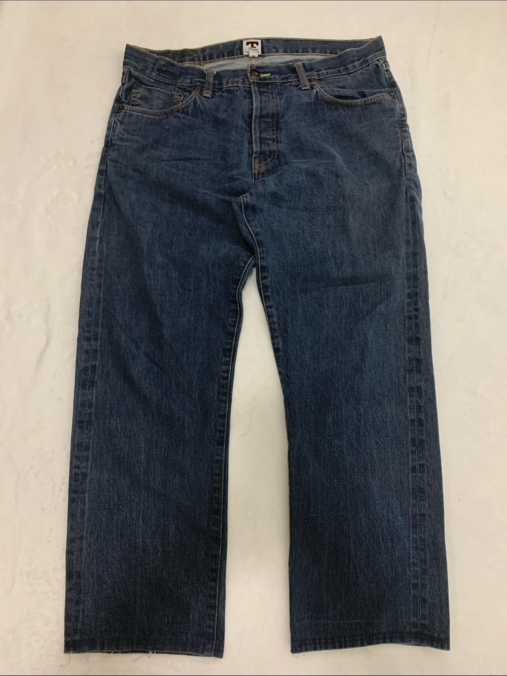 Tellason Button Fly Cone Mills Men's Dark Blue Straight Jeans Sz 35